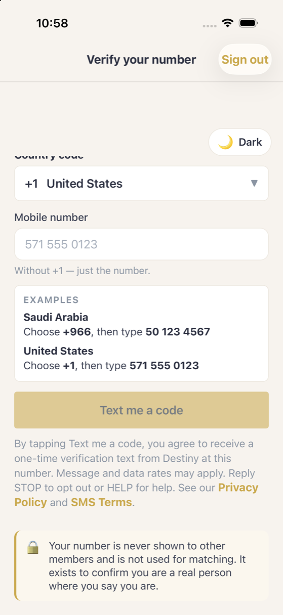 The Intended app's Verify your number screen, showing the country code, mobile number field, the Text me a code button and the consent statement beneath it.